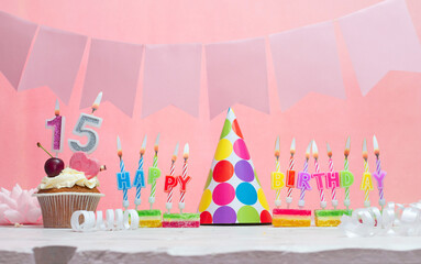 Background date of birth number  15. Anniversary. Beautiful festive background with candles for a...
