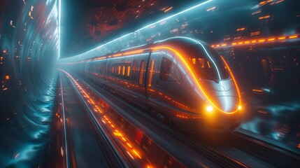 An electric blue train with automotive lighting illuminates the tunnel as it speeds through the night, creating a futuristic atmosphere
