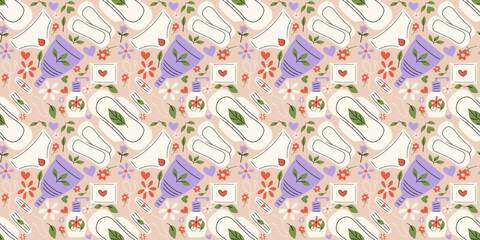 Menstrual period seamless pattern.  feminine hygiene concept. Hand draw vector illustration.