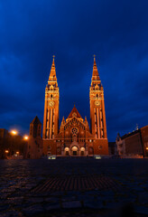 Cathedral of Szeged is famous landmark in Hungary outdoor at blue hour.