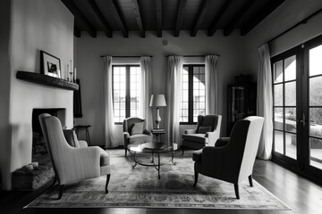 Black and white photo of a cozy living room