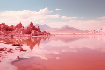 Pink salt lake. Nature travel. Generate Ai