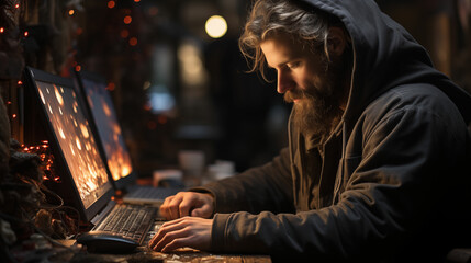 Content Creator. Man Sitting at Table Using Laptop Computer. Generative AI