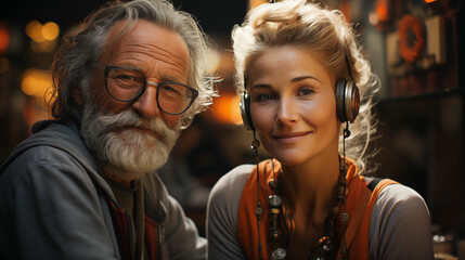 Obraz premium Old man and a woman standing side by side in a casual pose, wearing casual clothes. Generative AI