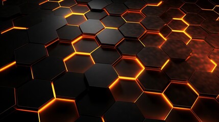 Abstract background with hexagons. Dark background with an orange glow. The honeycomb pattern design.