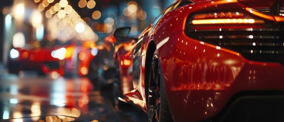 Fototapeta na wymiar Glistening Night Cityscape with Luxurious Sports Cars Illuminated Under Neon Lights.