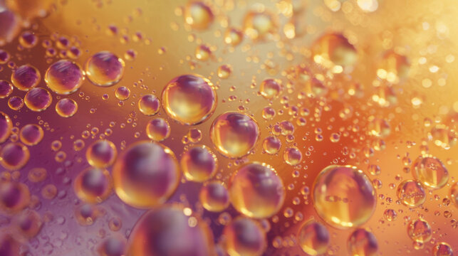 A close-up of translucent bubbles floating in a colorful space with a bokeh light effect creating a dreamy and ethereal abstract background.