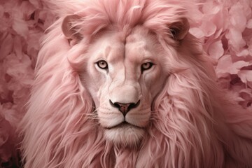 Vivid White lion pink background closeup. Cat mask. Generate Ai