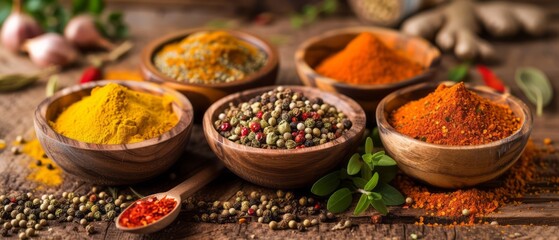 Collection of exotic spices on a wooden table