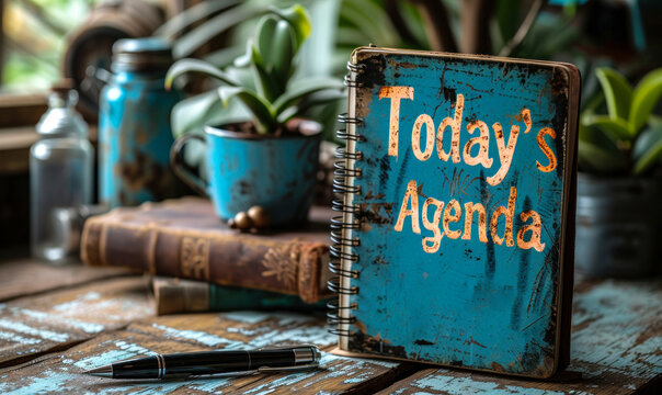 Spiral notebook with Today's Agenda on the cover, accompanied by a pen on a wooden surface, representing organization and daily planning
