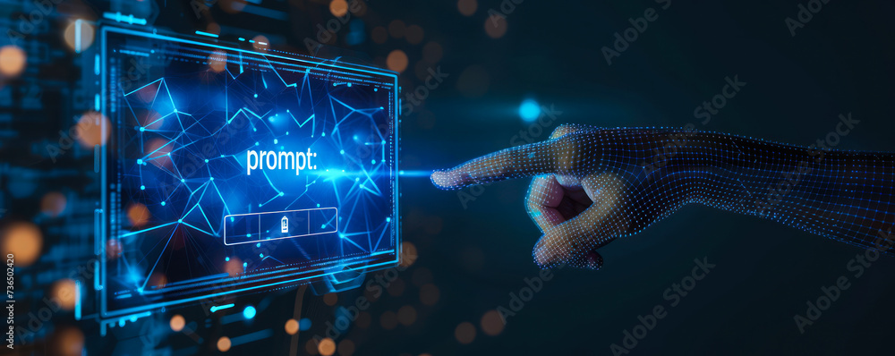 Poster futuristic command prompt on a digital interface with a holographic computer screen, depicting advan
