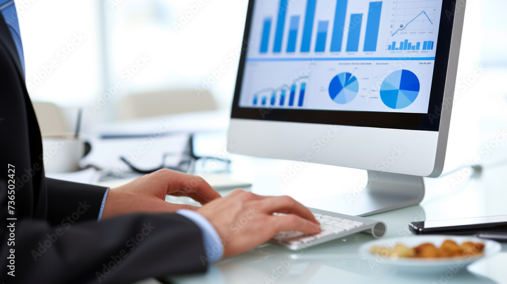 Poster A professional woman is analyzing data on a computer monitor displaying various graphs and charts in an office environment during the evening.