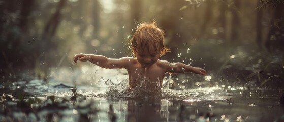 Magical moment of childhood: a toddler playing in the water under the golden sun