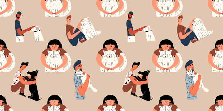 Vector seamless pattern with people and pets. Caring for pets, cats and dogs. Vector hand draw illustration for print,  typography, background, web.