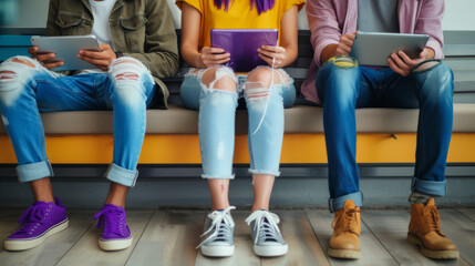 A group of young individuals is seated side by side using various digital devices; laptops and smartphones, dressed in casual fashion with a focus on ripped jeans and diverse footwear.