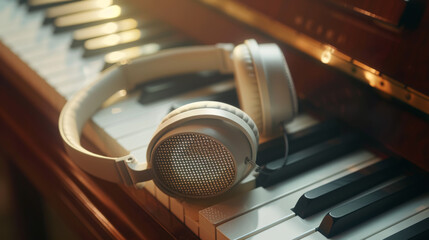 A pair of high-quality headphones rests on the keys of a piano, symbolizing the fusion of modern...