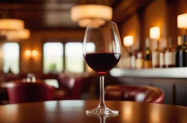 a glass of red wine on a wooden table, sommelier, wine expert, wine tasting, winery concept, restaurant in the background, sunlight