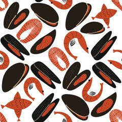 Seafood seamless pattern. Sea colored background. Vector illustration.