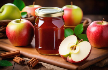 Homemade jam with apples, sweet dessert made from fresh fruits, jar of apple jam, fruit marmalade, homemade autumn preparations