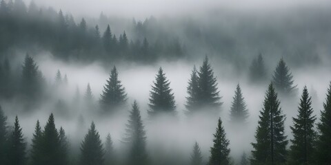 A misty forest with dense fog among pine trees