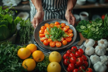 chef holding a plate of tomatoes with parsley, vegetables on kitchen counter