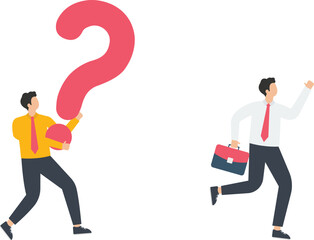 Businessman runs away from a question mark symbol, Run away Question mark and Uncertainty Confusion concept,
