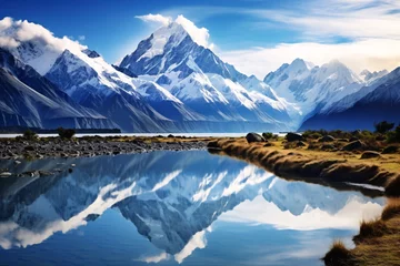 Crédence de cuisine en verre imprimé Aoraki/Mount Cook a lake with snow covered mountains and blue sky