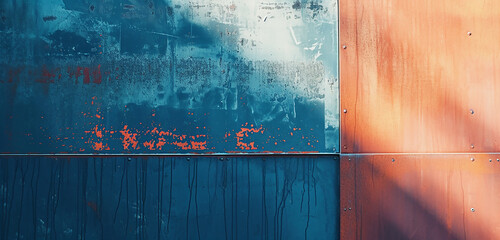A wall featuring a metallic copper finish against a bright, cobalt blue abstract background, exuding modern vibrancy - obrazy, fototapety, plakaty