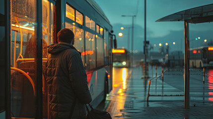 Loneliness concept, lonely man waiting for a bus at a bus stop in the evening