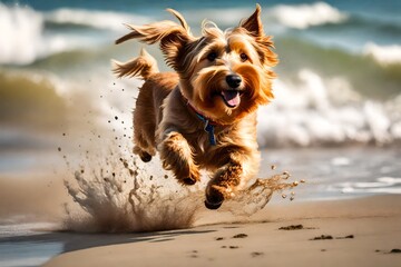 Yorkshire Terrier dog on the beach - obrazy, fototapety, plakaty
