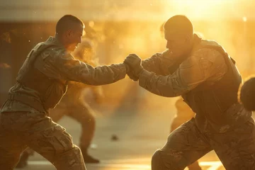 Zelfklevend Fotobehang Soldiers Engaged in Intense Hand-to-Hand Combat Training at Sunset © KirKam