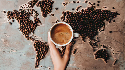 Naklejka premium A cup of coffee with scattered coffee beans in the form of a world map on a dark table