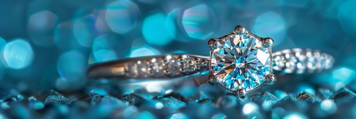a luxurious ring, its dazzling gemstone against a deep blue background