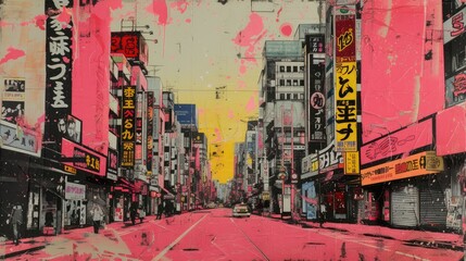 Generative AI, retro grunge pink and yellow collage poster with asian cityscape, different mixed textures  - obrazy, fototapety, plakaty
