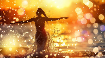 Silhouette of young woman in sea, sunset light, magic golden glitter