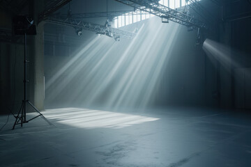  Dramatic Sunbeams Filtering through Windows in an Empty Industrial Warehouse Space