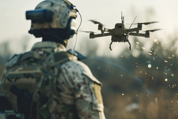 Soldier Observing a Reconnaissance Drone in Flight During a Military Operation