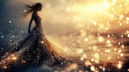 Fototapeta na wymiar Goddess of fairy in magical dress walks on water, magical sea scene