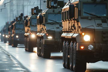 Convoy of Military Armored Vehicles on a City Street during Dusk Patrol