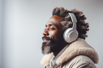 Junger schwarzer Mann trägt stylische Kopfhörer, Mann hört Musik, Fashion Hintergrund - obrazy, fototapety, plakaty