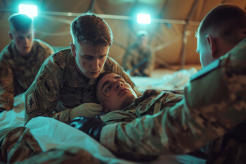 Compassionate Soldiers Comforting a Wounded Comrade in a Field Tent at Night - obrazy, fototapety, plakaty