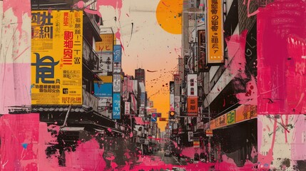 Generative AI, retro grunge pink and yellow collage poster with asian cityscape, different mixed textures 