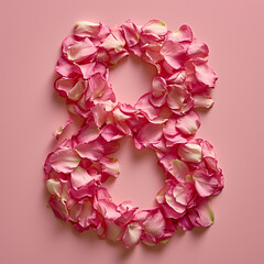 Number 8 made of rose petals for International Women's Day on a pink background.
