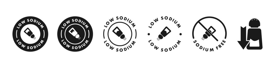 Low Sodium. Vector labels for food and drink products. Icons for packaging. - obrazy, fototapety, plakaty