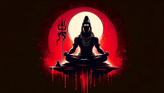 Illustration in paint splatters style of lord shiva silhouette seated in a meditative pose with a trident.