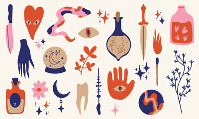 Set of vector icons in boho style. Vector emblem, potion, dagger, hand, plants, match, crescent, snake, knife, heart. Fashion design, hand drawn.