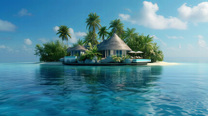 Cute wooden house with palm trees in the middle of the turquoise ocean