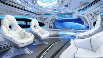 Obraz premium The interior of a futuristic spacecraft control room with ergonomic seats and a panoramic view of space