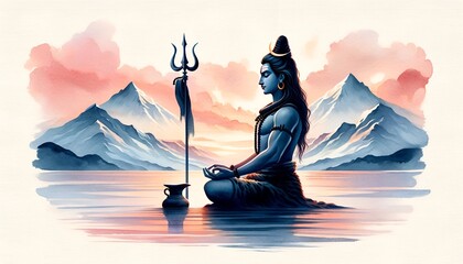 Watercolor painting illustration of lord shiva in meditation with a trident. - obrazy, fototapety, plakaty