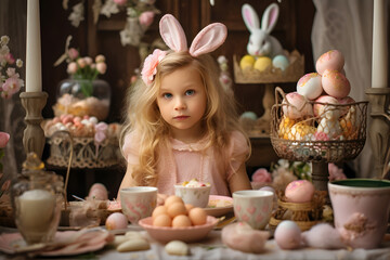 At Easter, children look for the Easter Bunny and eggs with sweets. Happy Easter.